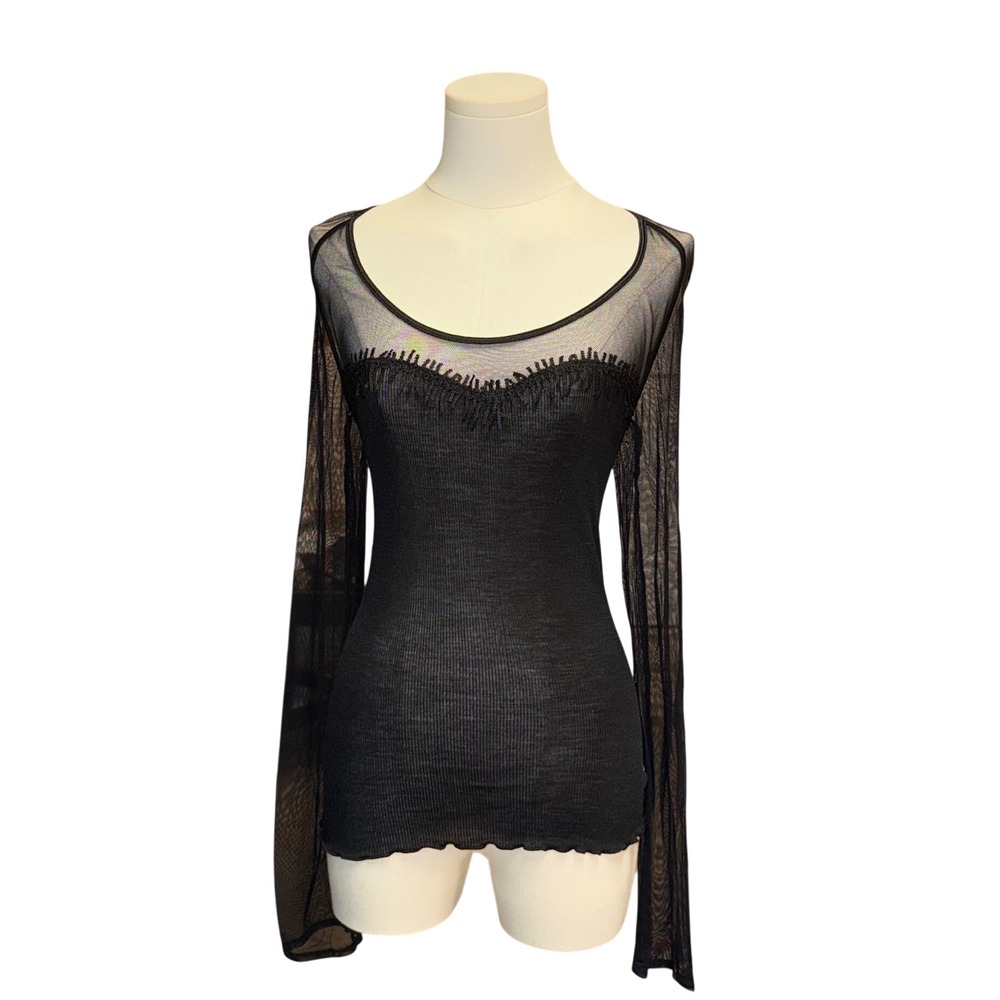 Calida Mesh Sleeve Fringe Top Womens Small Black Good Wool Silk Ribbed Goth